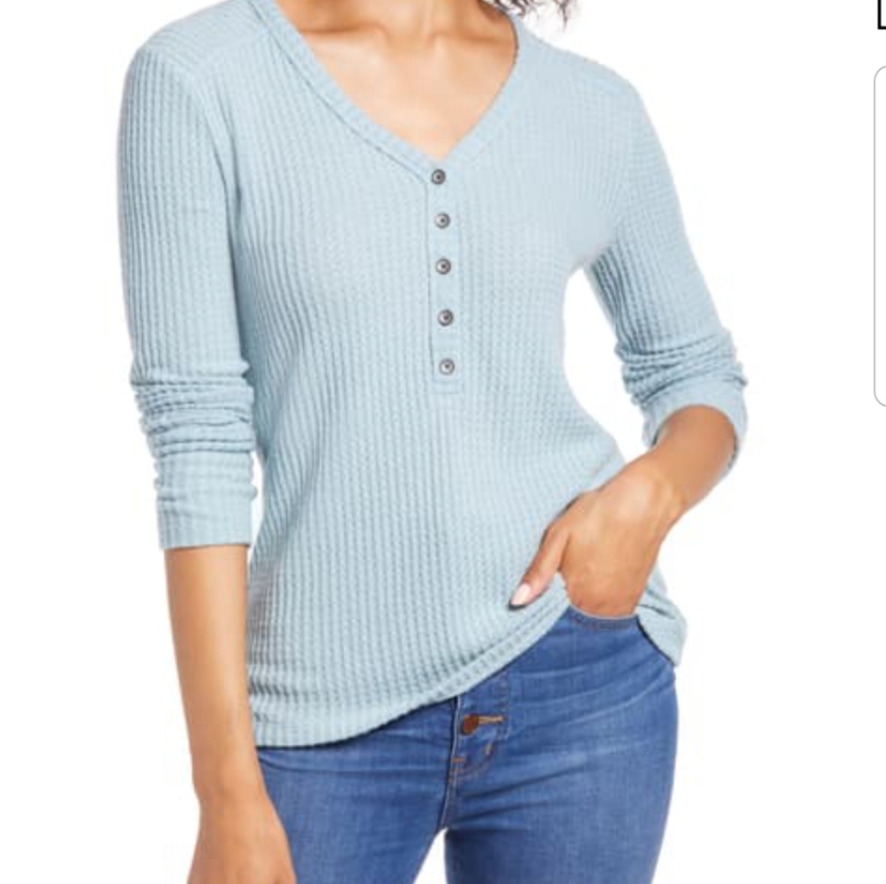 Caslon High Cuff Henley Top In Blue Mineral Size M NWT